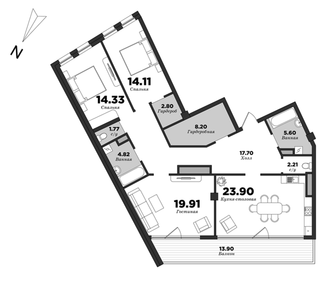 Esper Club, 3 bedrooms, 119.52 m² | planning of elite apartments in St. Petersburg | М16
